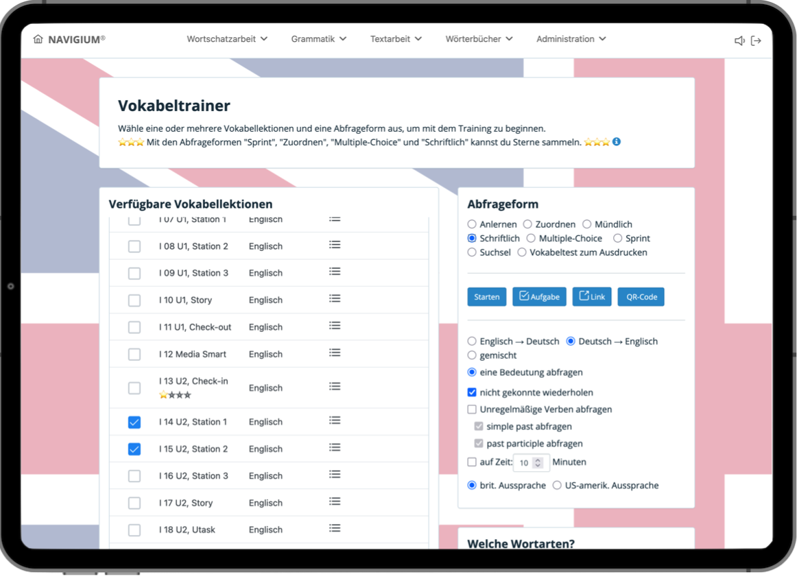 Vokabeltrainer: zahlreiche Abfrageformen und Einstellungen